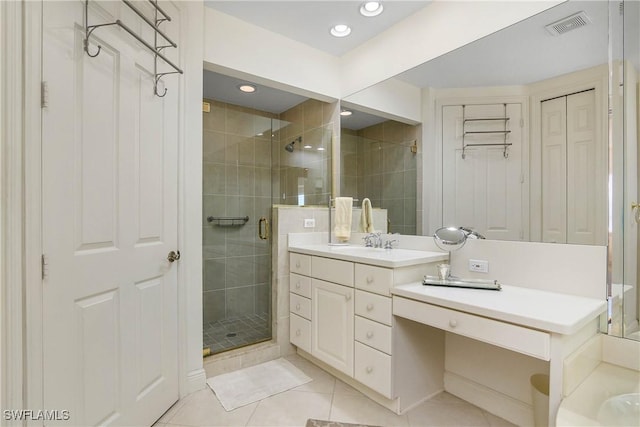 full bath featuring recessed lighting, visible vents, a stall shower, vanity, and tile patterned flooring