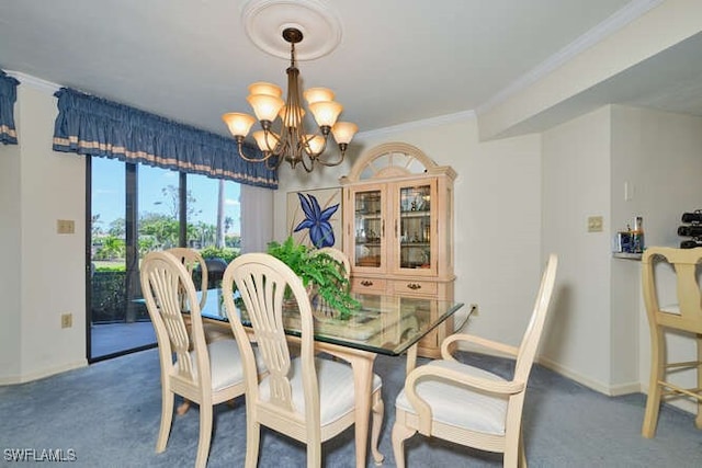 carpeted dining space featuring ornamental molding, a notable chandelier, and baseboards