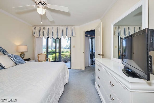 bedroom with access to exterior, crown molding, light colored carpet, ceiling fan, and baseboards