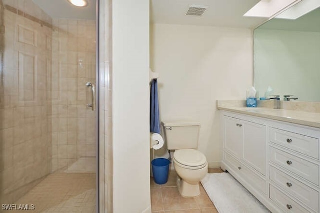 full bathroom with a stall shower, visible vents, toilet, and a skylight