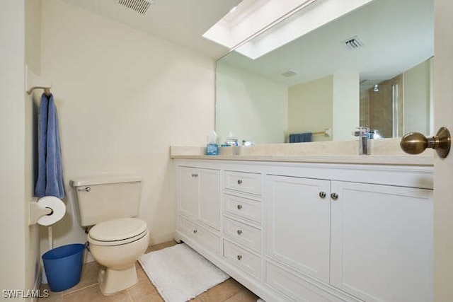 full bath featuring toilet, double vanity, a skylight, and visible vents