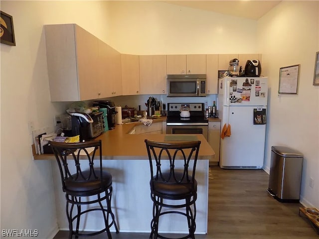 kitchen with dark wood finished floors, stainless steel appliances, a high ceiling, a peninsula, and a kitchen bar