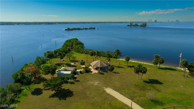 bird's eye view with a water view