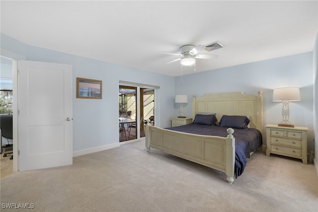 bedroom with light colored carpet, visible vents, ceiling fan, and baseboards