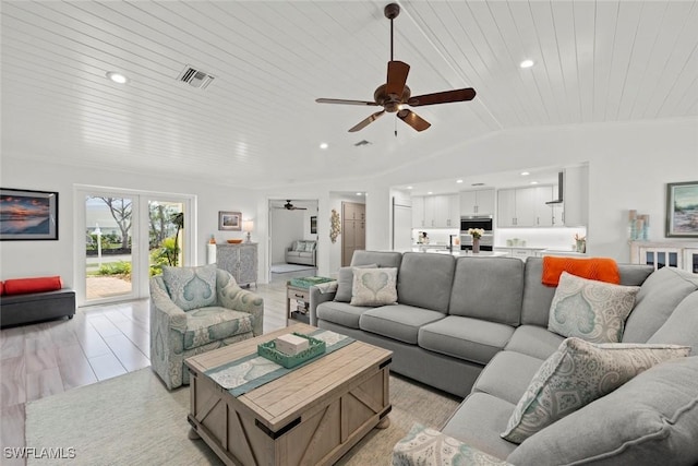 living room featuring lofted ceiling, ceiling fan, wooden ceiling, recessed lighting, and visible vents