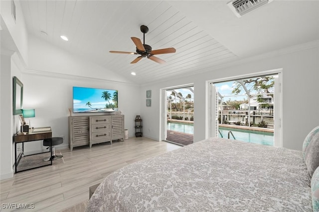 bedroom featuring vaulted ceiling, access to outside, wooden ceiling, and visible vents