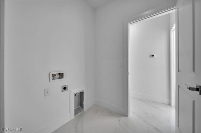 clothes washing area featuring marble finish floor, hookup for a washing machine, hookup for an electric dryer, laundry area, and baseboards