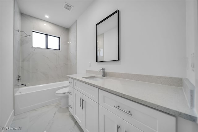 full bathroom with visible vents, toilet, marble finish floor, bathtub / shower combination, and vanity