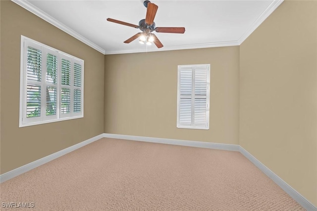 18191 Parkside Greens Dr, Fort Myers, FL 33908 - spare room featuring light colored carpet, ceiling fan, baseboards, and ornamental molding