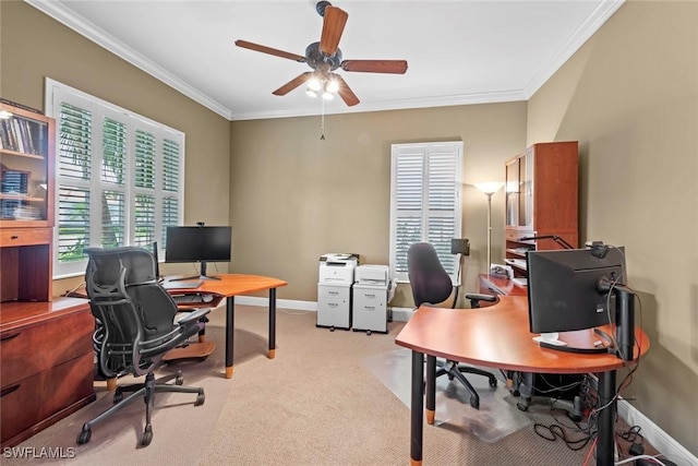 office featuring light carpet, baseboards, and crown molding