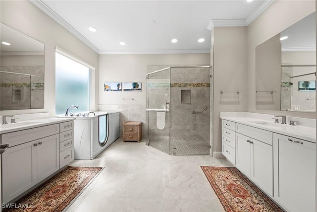 18191 Parkside Greens Dr, Fort Myers, FL 33908 - full bath featuring crown molding, a stall shower, recessed lighting, a freestanding tub, and two vanities