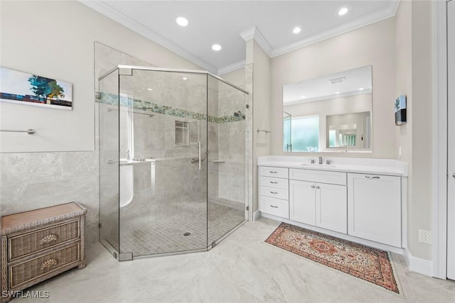 18191 Parkside Greens Dr, Fort Myers, FL 33908 - full bathroom featuring crown molding, a stall shower, recessed lighting, and vanity
