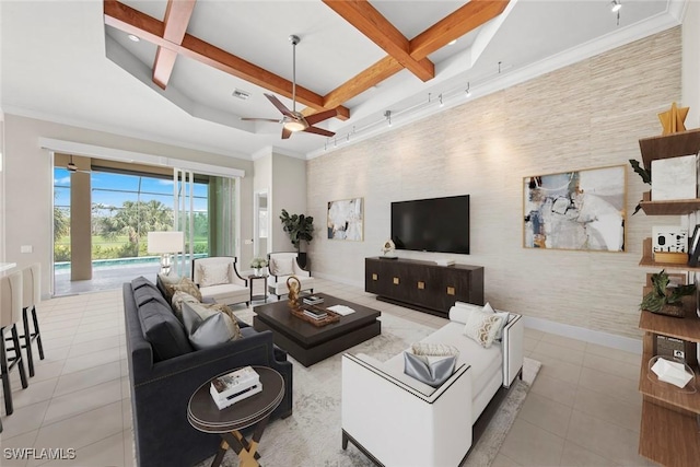 tiled living room featuring beamed ceiling, baseboards, coffered ceiling, and a ceiling fan