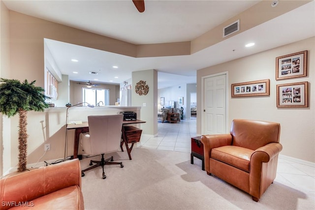 office area featuring light tile patterned floors, recessed lighting, light carpet, visible vents, and baseboards