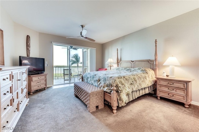 bedroom featuring light carpet, baseboards, a ceiling fan, and access to exterior