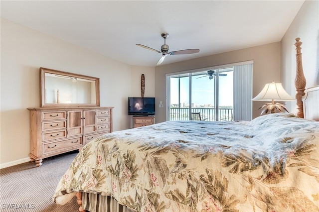 bedroom with access to exterior, carpet flooring, baseboards, and a ceiling fan