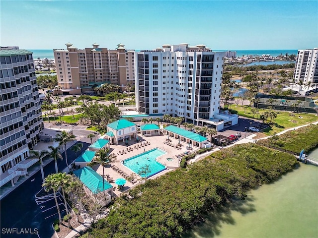 drone / aerial view featuring a water view