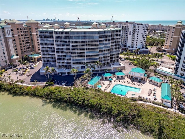 aerial view with a water view and a city view