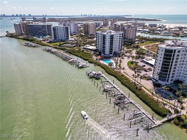 aerial view with a water view and a city view