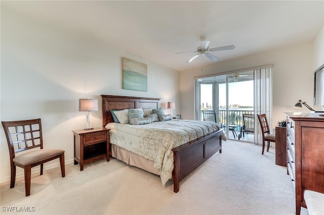 bedroom featuring access to outside, baseboards, ceiling fan, and light colored carpet