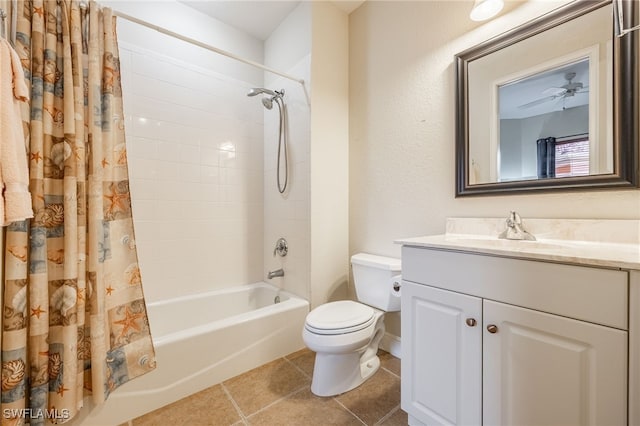 bathroom featuring toilet, vanity, shower / tub combo with curtain, and tile patterned floors