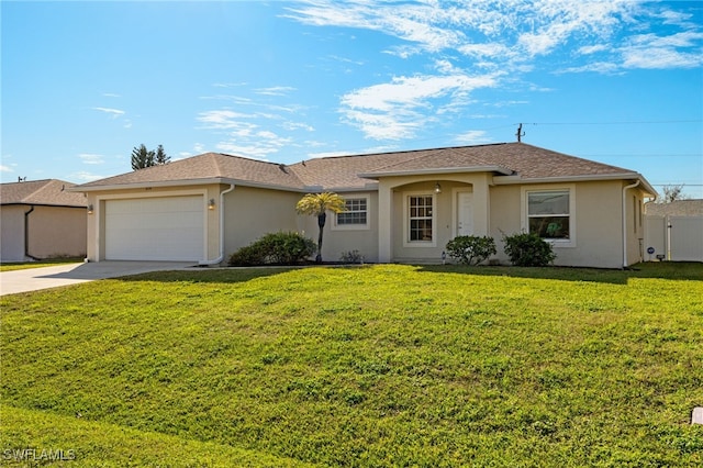 single story home featuring driveway, an attached garage, fence, a front lawn, and stucco siding