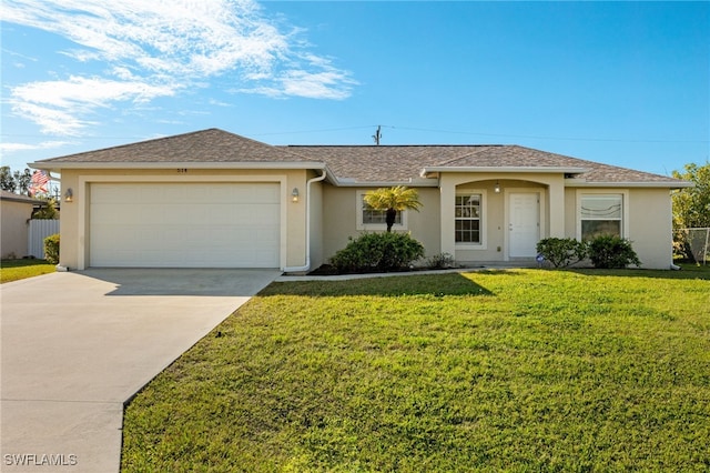 ranch-style house featuring a shingled roof, concrete driveway, an attached garage, a front lawn, and stucco siding