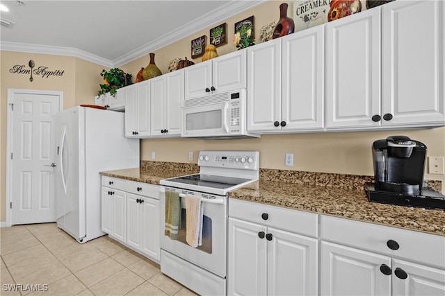 kitchen featuring white appliances, white cabinets, crown molding, and light tile patterned flooring