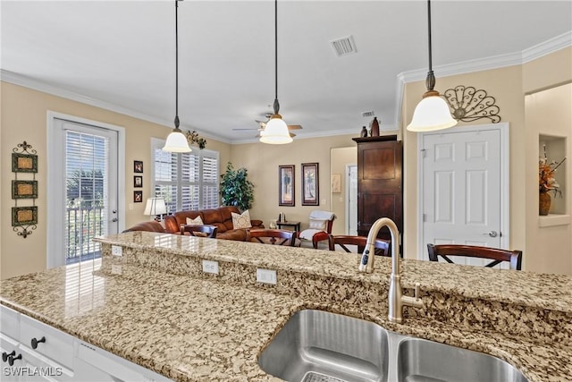 kitchen featuring ornamental molding, a sink, visible vents, and light stone countertops