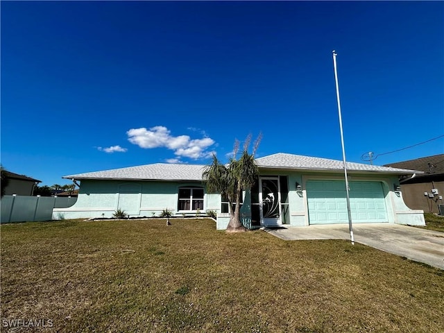 single story home with concrete driveway, a front lawn, an attached garage, and stucco siding