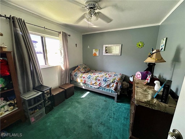 carpeted bedroom featuring a ceiling fan and crown molding