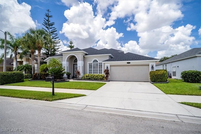 view of front facade with an attached garage, driveway, roof with shingles, stucco siding, and a front yard