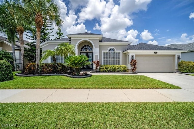 mediterranean / spanish-style home featuring a garage, a front lawn, concrete driveway, and stucco siding