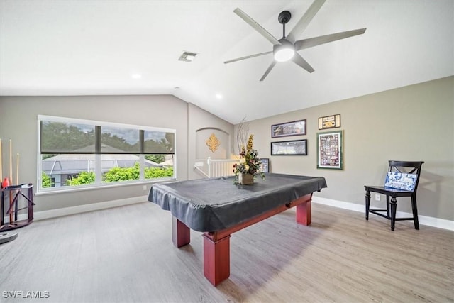 recreation room with lofted ceiling, billiards, baseboards, and wood finished floors