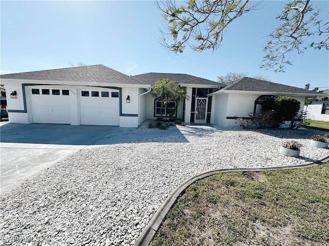 single story home with a garage, concrete driveway, and stucco siding