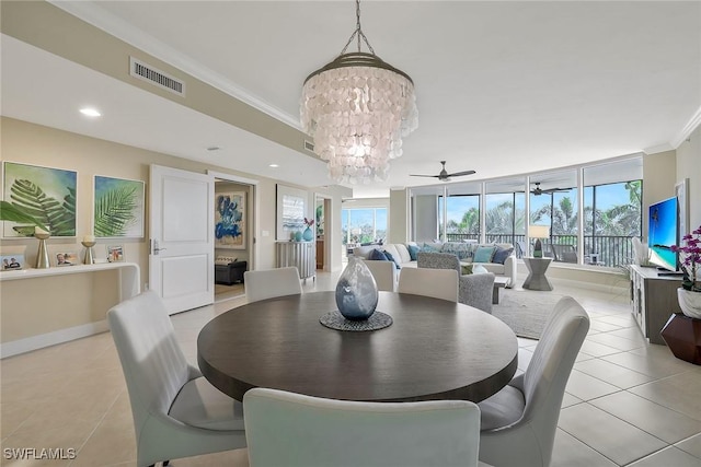 dining room featuring light tile patterned floors, recessed lighting, a notable chandelier, visible vents, and ornamental molding