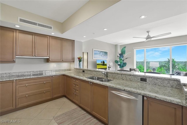 kitchen with light tile patterned floors, visible vents, a sink, black electric stovetop, and stainless steel dishwasher