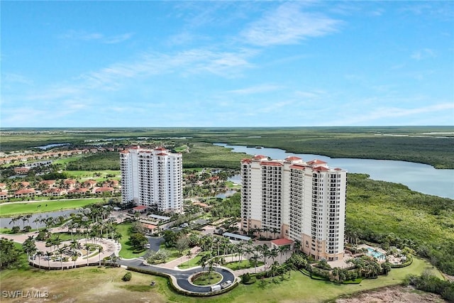 drone / aerial view with a water view and a city view