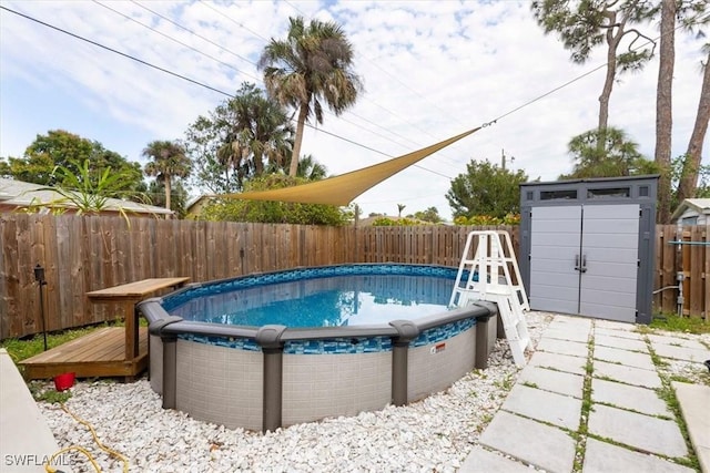 view of swimming pool featuring a fenced backyard, an outbuilding, a fenced in pool, and a shed