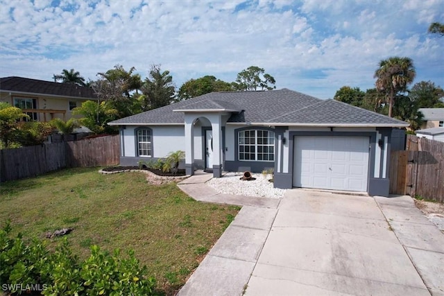 ranch-style house with a front lawn, an attached garage, fence, and stucco siding