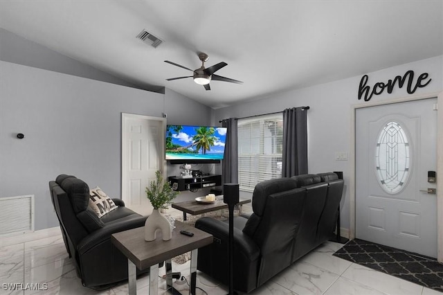 living room featuring lofted ceiling, marble finish floor, ceiling fan, and visible vents