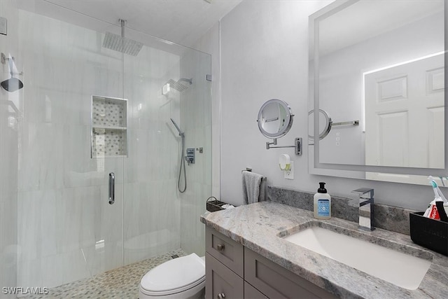 bathroom featuring vanity, a shower stall, and toilet