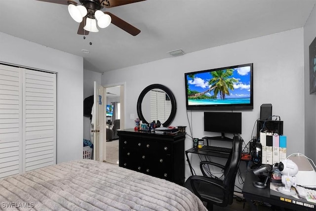 bedroom with a ceiling fan, a closet, and visible vents