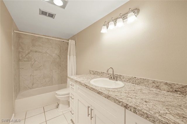 bathroom featuring visible vents, toilet, tile patterned floors, shower / bath combination with curtain, and vanity