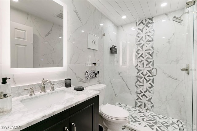 full bath with toilet, recessed lighting, visible vents, vanity, and a marble finish shower