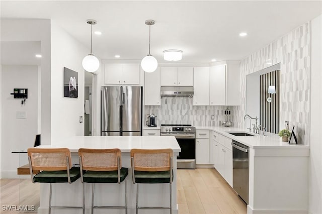 kitchen featuring light countertops, decorative backsplash, appliances with stainless steel finishes, a sink, and under cabinet range hood