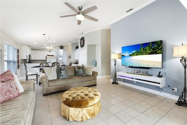 living area featuring crown molding, light tile patterned floors, visible vents, baseboards, and ceiling fan with notable chandelier