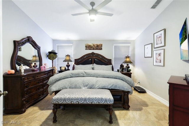 bedroom with a ceiling fan, visible vents, and baseboards