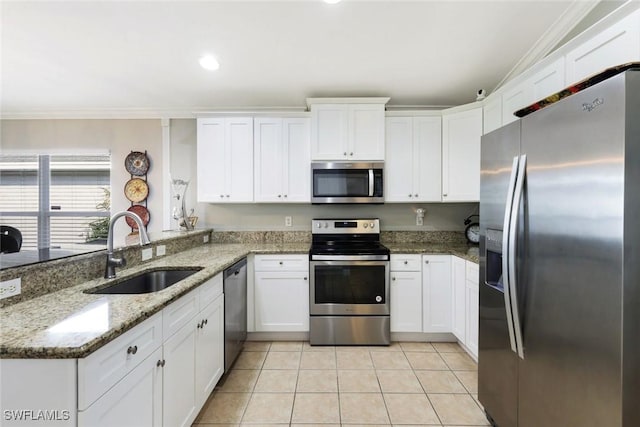 kitchen featuring stainless steel appliances, a sink, and white cabinets