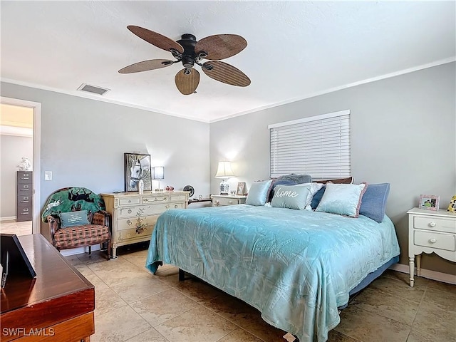 4364 Beechwood Lake Dr, Naples, FL 34112 - bedroom with ornamental molding, visible vents, and ceiling fan